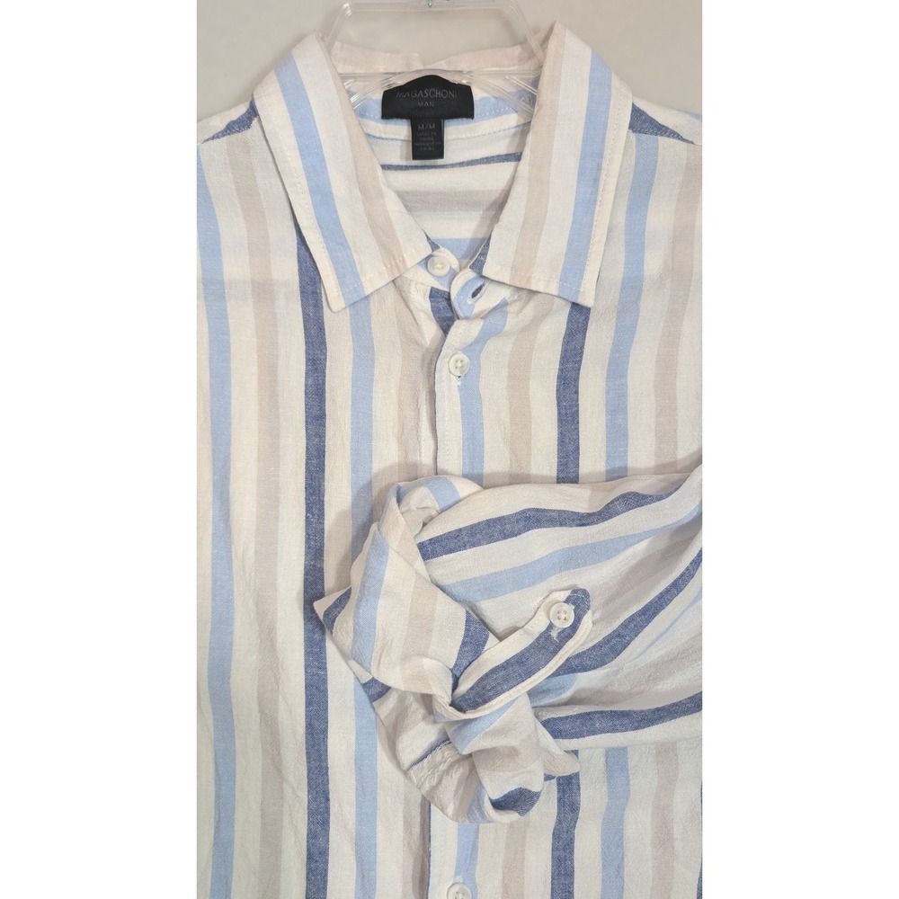 Magaschoni Man Striped Linen Long Sleeve Tab Adjustable Button Down Shirt M - Picture 5 of 7